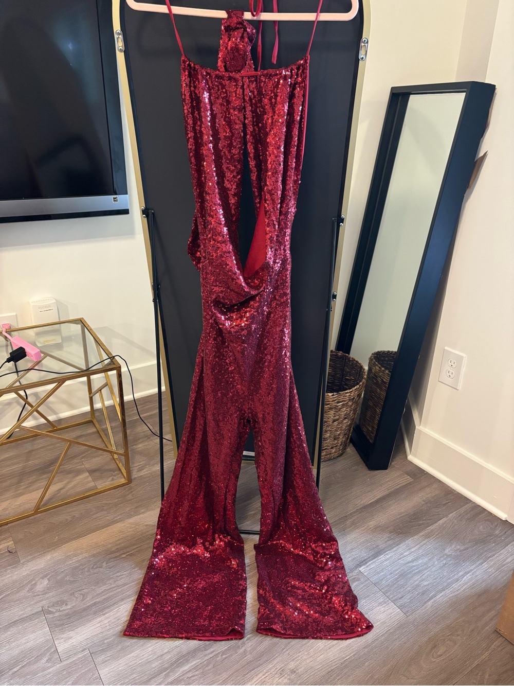 Fashion Nova Red Sequin Jumpsuit with Draped Open Back